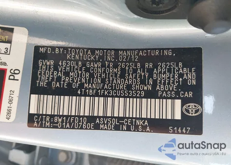 2012 Toyota Camry Le from USA, damaged, VIN 4T1BF1FK3CU553529